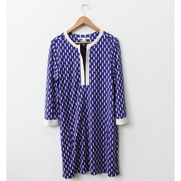 Diane‎ von Furstenberg Dress Size 10 Blue Mini Silk V neck Shift Geometric DVF